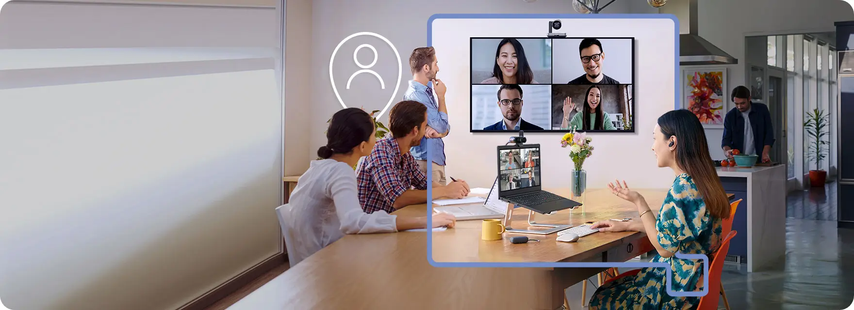 Concept image of business people talking to other team members in video chat